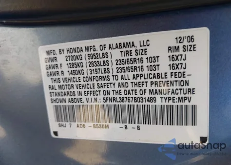 2007 Honda Odyssey Ex-L from USA, damaged, VIN 5FNRL38767B031489